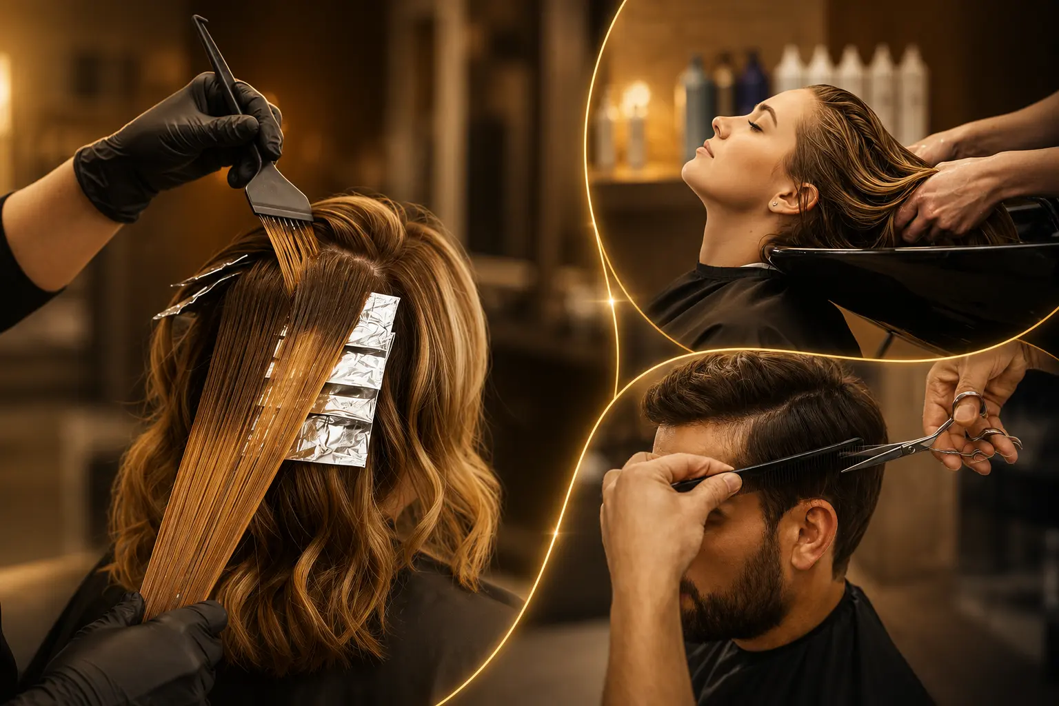 Colagem de serviços de cabelo no Studio Harrod's: coloração com mechas, lavação e corte masculino degradê